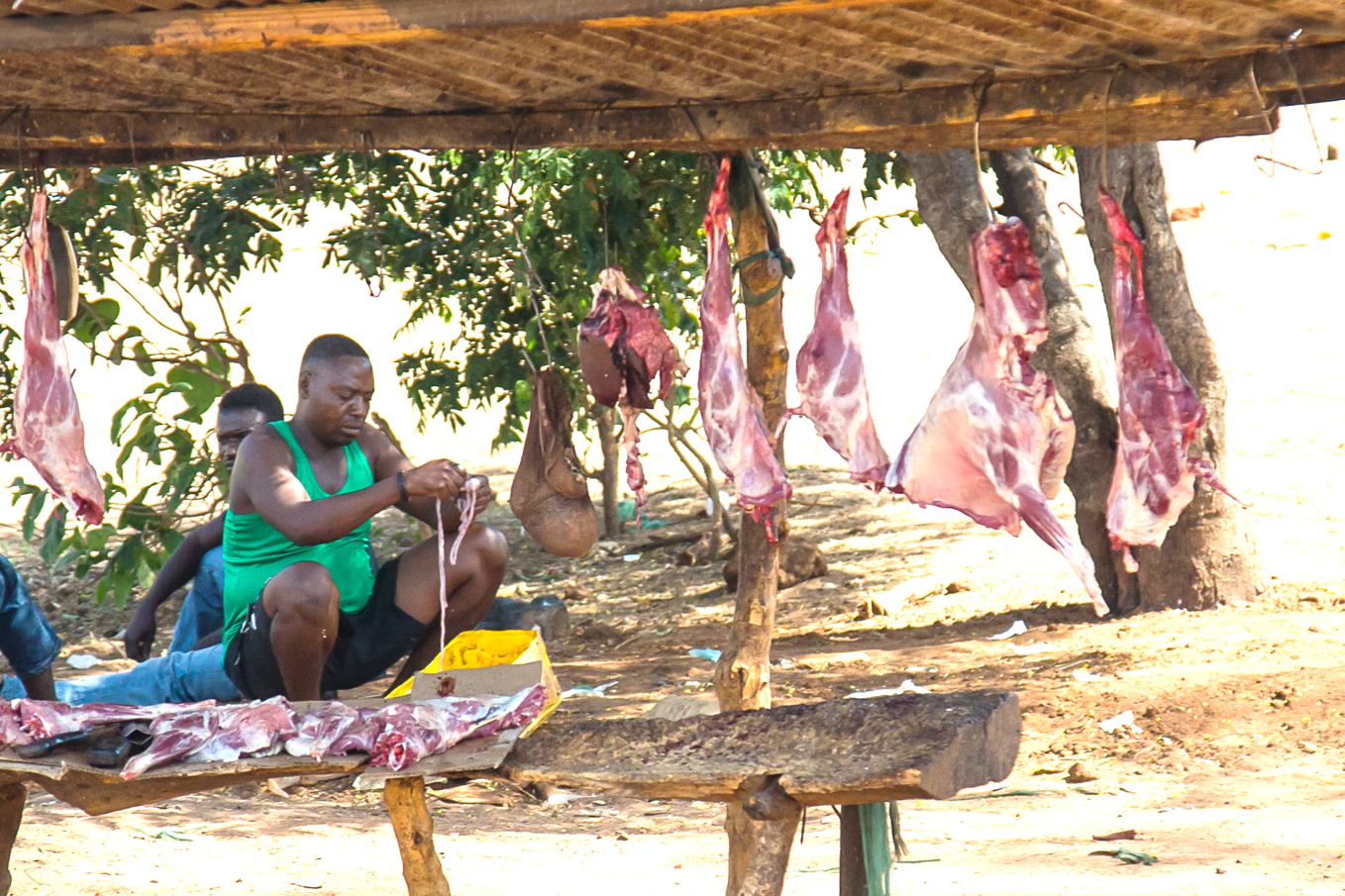 Local butcher cleaning entrails for sale. We saw this meat hanging here most days. 